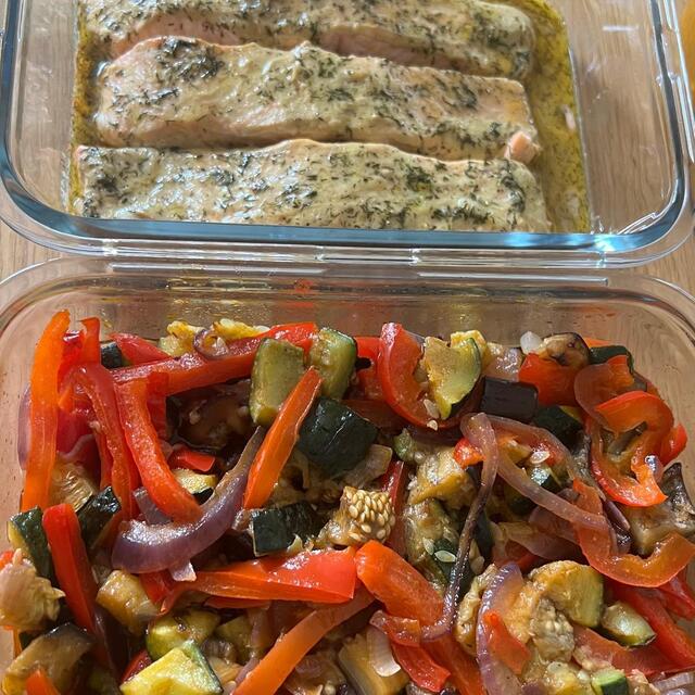 Saumon miel, moutarde, légumes grillés